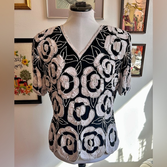 Vintage 1980s Black Silk Beaded Floral Top – Hand Beaded Sequin Evening Blouse - Picture 1 of 8